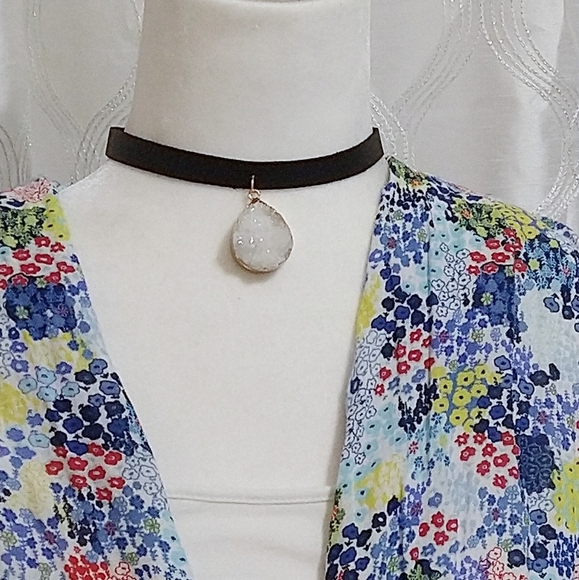 White/Black Leather Druzy Choker Necklace - Picture 5 of 6